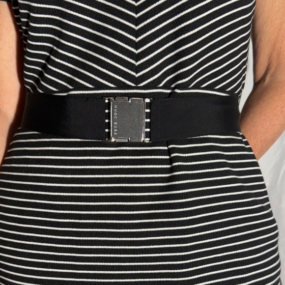 BOSS Striped Black White Belted Sheath Dress Size 8 Short Sleeve - Picture 8 of 10